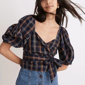 Madewell V Neck wrap top with front snap and puffed sleeves Size XL
